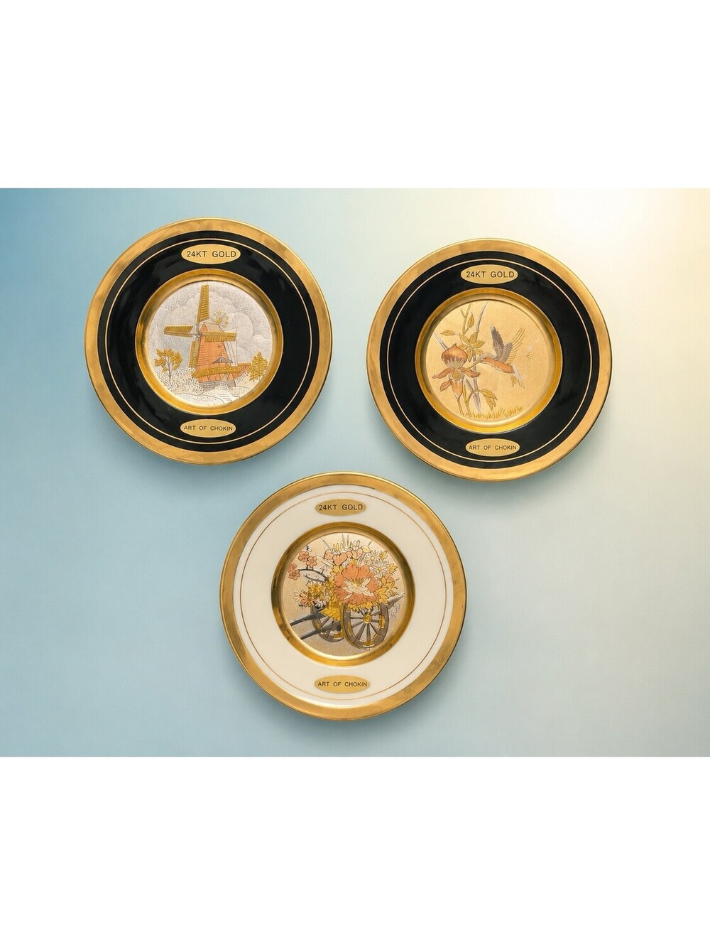 Westland Co Japan 1985 3 Mini Plates Art Of Chokin 24KT Gold Trim, 4"